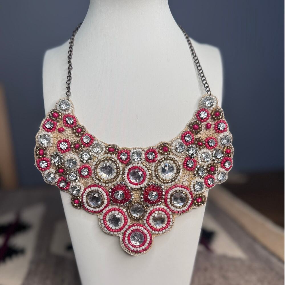 Beaded Red Statement Necklace 14" in length